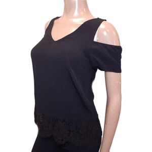 3/$20 Dynamite Cold Shoulder Top Boho Crochet Lace Hem Black Blouse